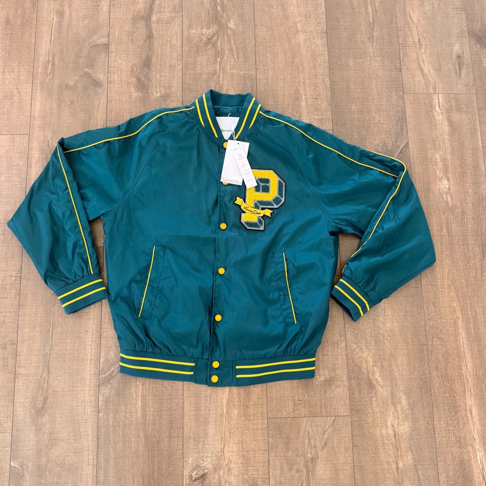 NWT Bershka Varsity Jacket Men Medium Green Sports Club Letterman Bomber P Patch